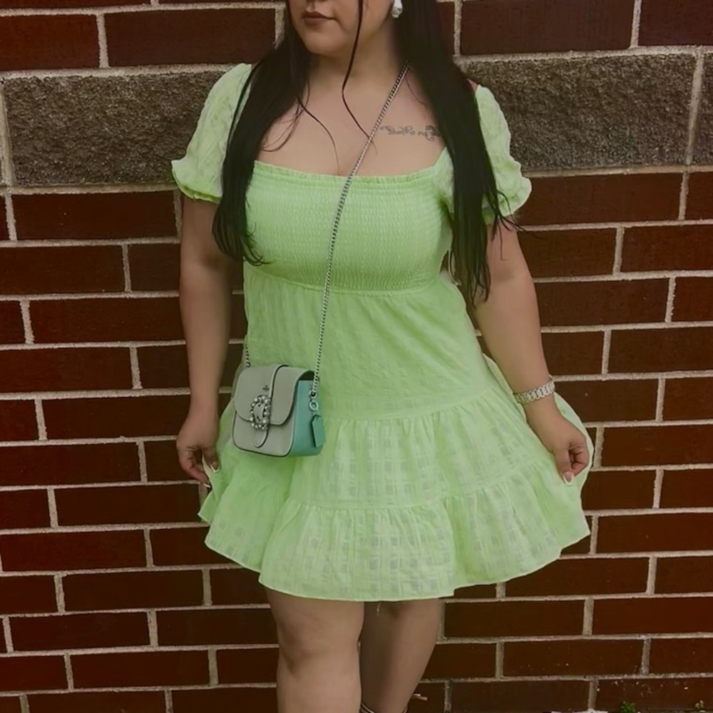 Fashion Nova Green Puff Sleeve Mini Sundress